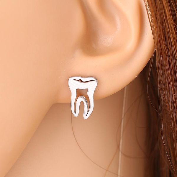 

cute tooth stud earrings for women girls stainless steel gold color simple dentist jewelry accessories gifts, Golden;silver