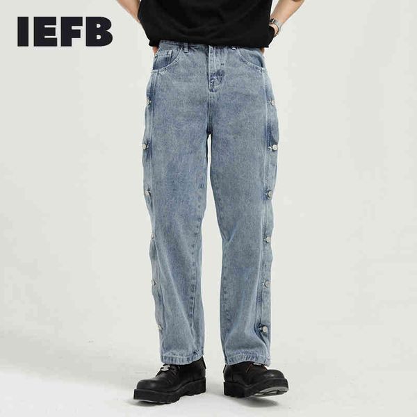 

iefb men's denim straight trousers korean trend side button breasted design vintage blue jeans men loose fashio 9y6805 210524