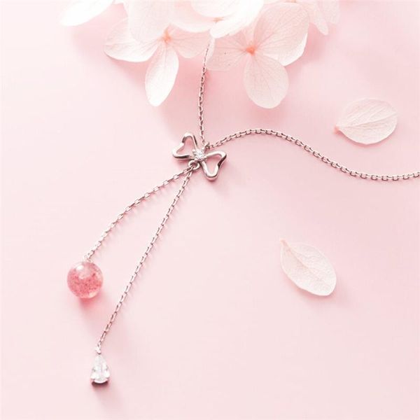 

pendant necklaces sole memory natural strawberry crystal butterfly tassel cute sweet 925 sterling silver clavicle chain female necklace sne5