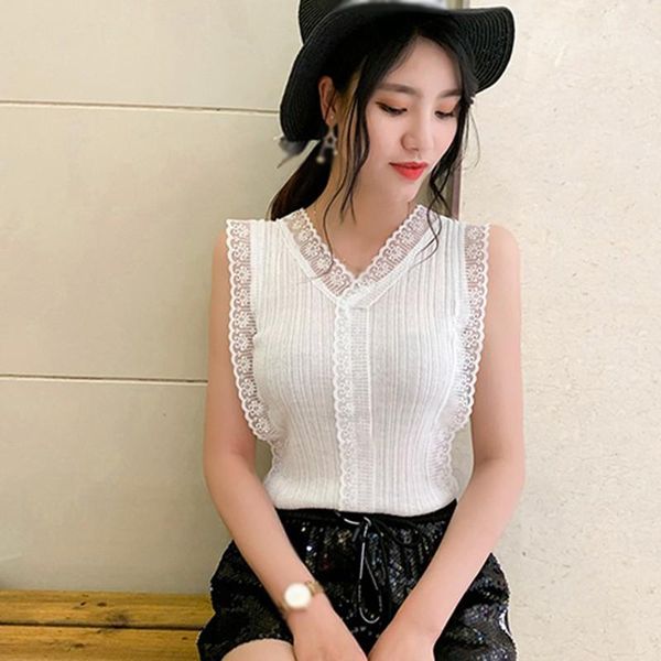 

women's tanks & camis 2021 lace hollow out vest fashion elegant solid color sleeveless trendy wild knitted tank top, White