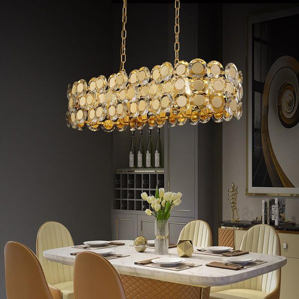 

light luxury crystal chandelier modern minimalist rectangular led strip dining bar living room pendant lamps