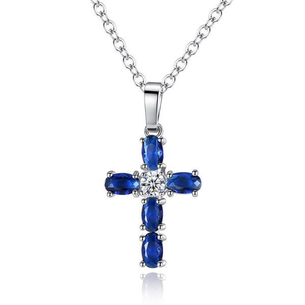 

simple blue zircon cross necklace oval inlaid chains, Silver