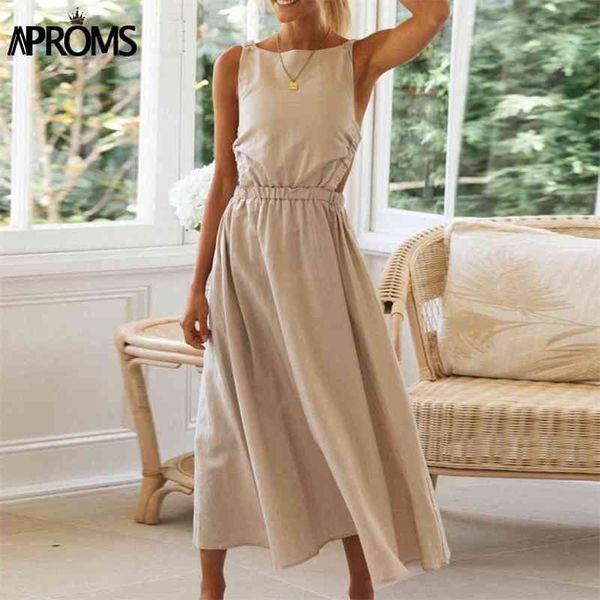 Aproms Elegante Baumwolle Leinen Midi Kleid Frauen Sommer Mode Sommerkleider Dame Casual Backless Crossover Grundlegende A-linie Kleider 210630