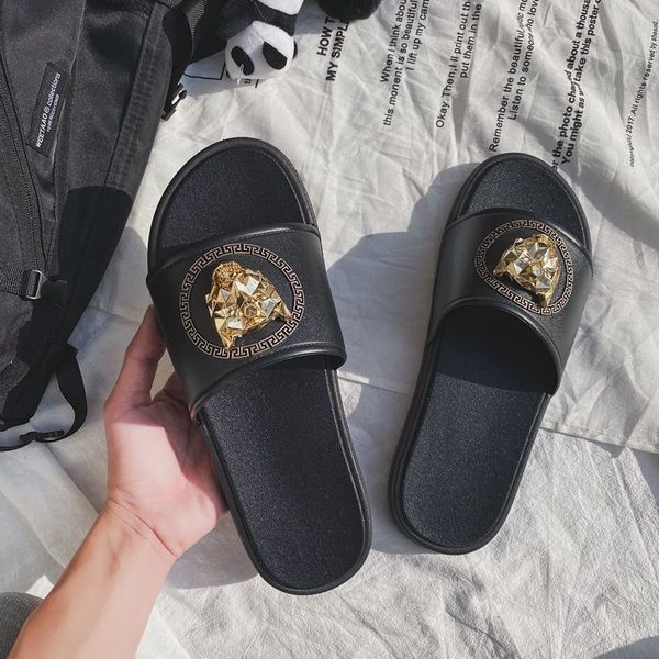 

40-45 men's summer leopard head slippers 2021 male outdoor personality soft bottom comfortable non-slip slides beach shoes fashion stud, Black