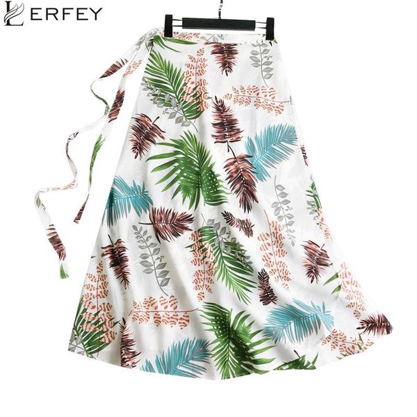 

skirts lerfey leaf print wrap skirt women sash tie up beach summer asymmetric high waist streetwear long casual femme, Black