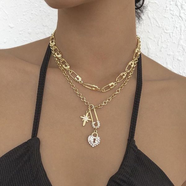 

chains multilayer rhinestone heart lock pendant gold necklaces for women punk paper clip chain choker necklace jewelry party gift, Silver
