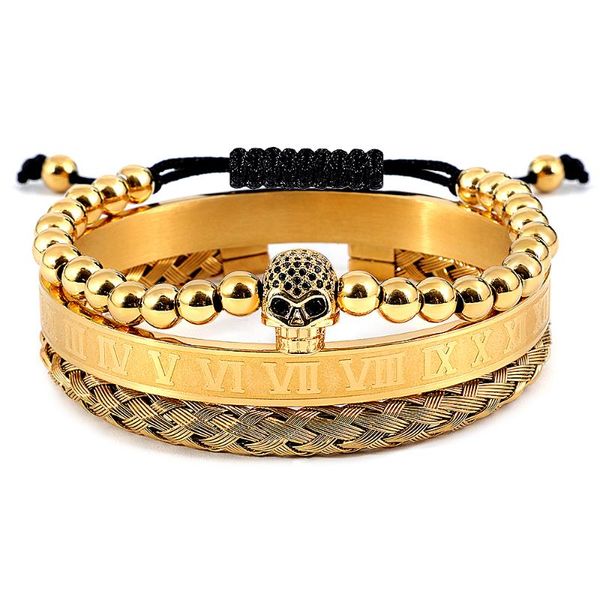 

bangle lastest skull handmade braiding bracelet gold hip hop men pave cz zircon crown roman numeral luxury jewelry, Black
