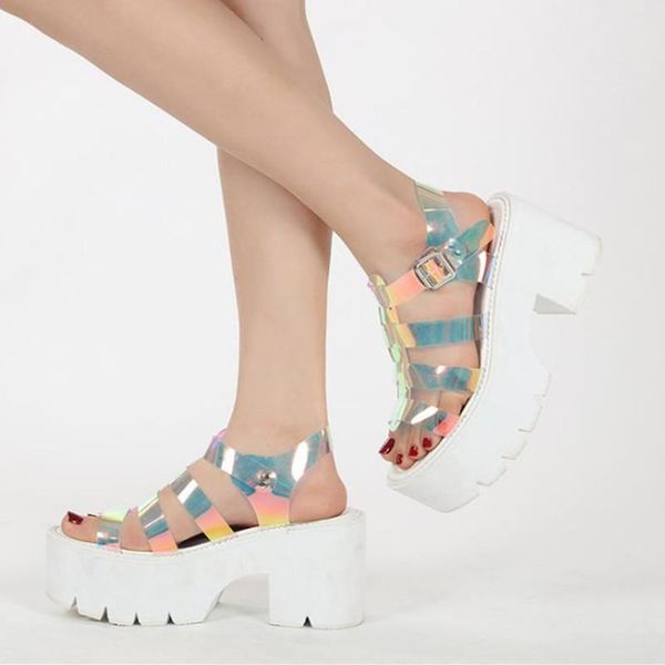 

dress shoes cosmagic buckle sandals summer women white high heel gothic punk platform gladiator wedge shoe, Black