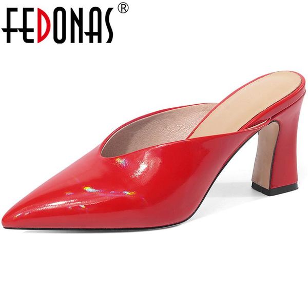 

dress shoes fedonas patent leather classic design women mules poited toe thick heels pumps spring summer office lady working woman, Black