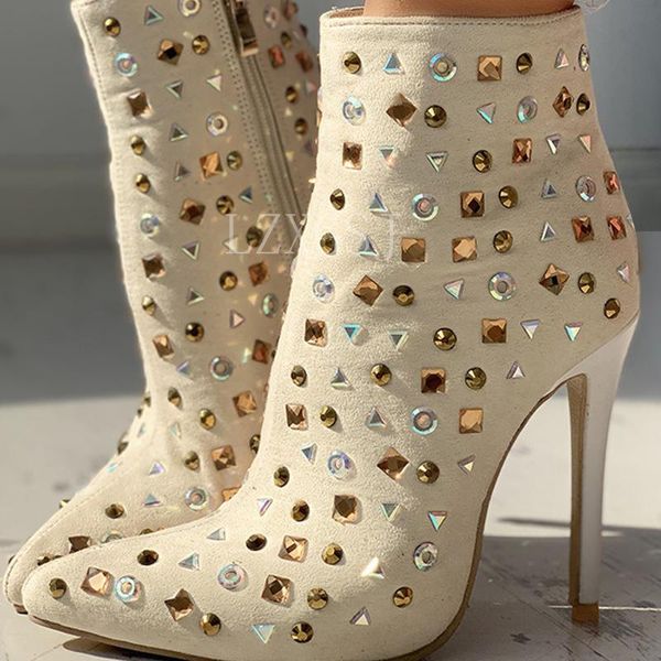 

boots siddons design rivets crystal studs women ankle pointed toe elegant ladies party high heels shoes woman winter, Black