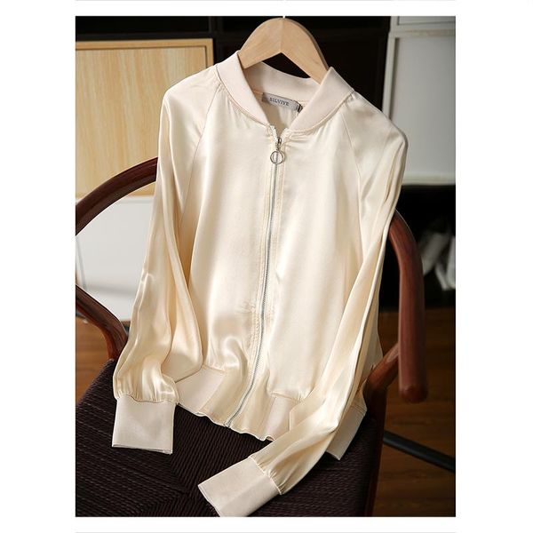 

women's jackets solid silk satin baseball suit mulberry stand collar versatile outside cardigan jacket 2021 fashion autumn, Black;brown