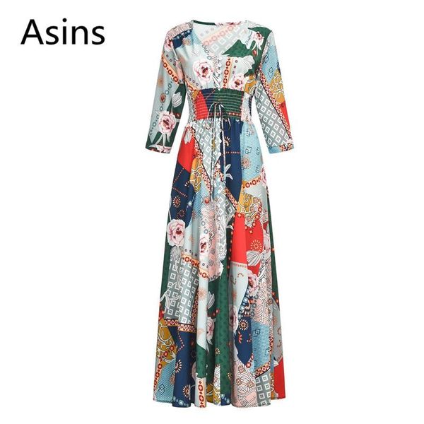 

casual dresses asins bohemian style dress 2021 spring fashion v neck button seven sleeve printing big pendulum long, Black;gray