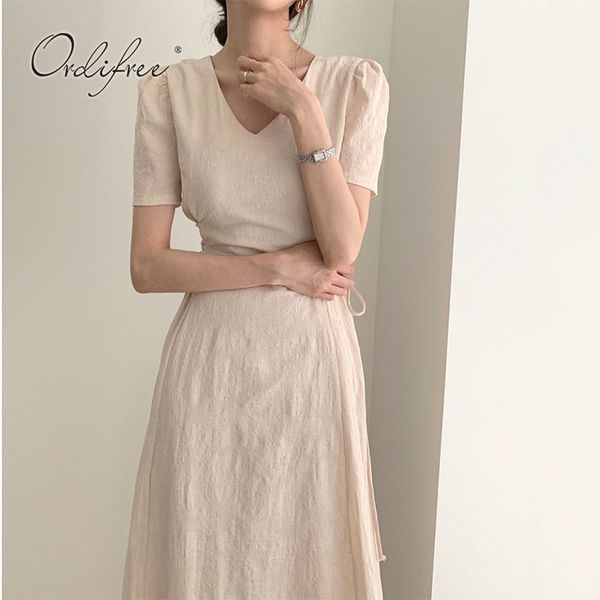 

summer cotton and linen v-neck short sleeve women vintage chic lace up slim elagant party midi dress 210415, Black;gray