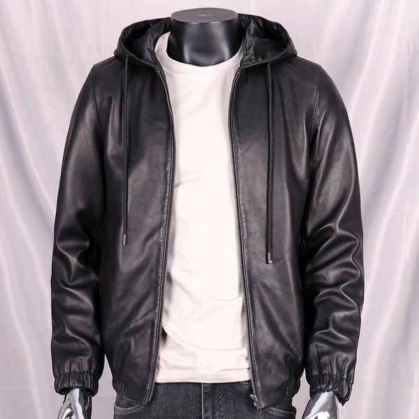 

men's leather & faux natural genuine sheepskin jacket fashion slim motorcycle suit black short hooded large size 2xl