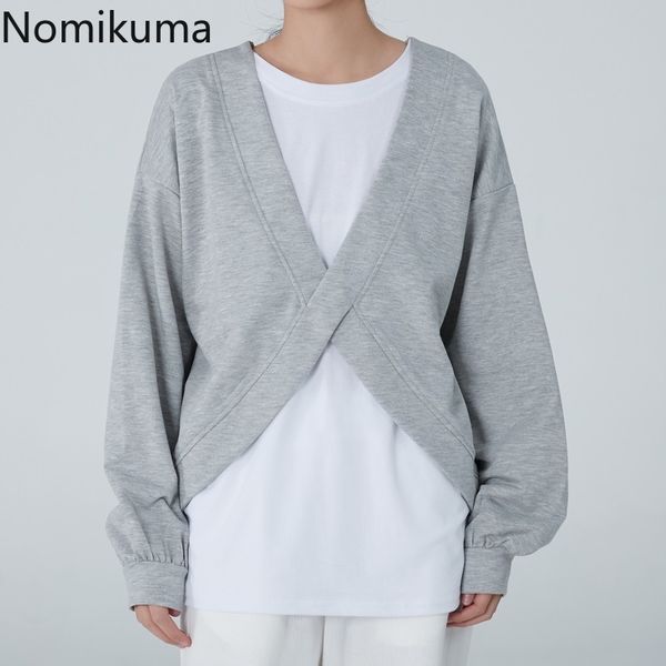 

nomikuma patchwork korean style sweatshirt women fake two piece o neck long sleeve hoodies casual loose jackets arrival 210514, Black