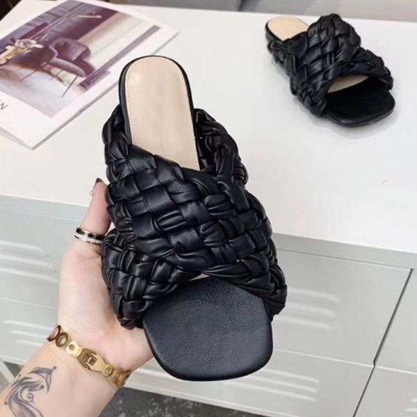 

official website 70% off outlet new real leather weave summer slippers brand design woman ladies flat sandals size 42eur shoes beach, Black