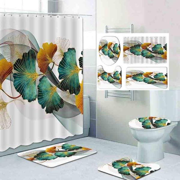 

shower curtains ginkgo biloba curtain set carpet toilet cover bath mat sets bathroom waterproof with 12 hooks home deco ship