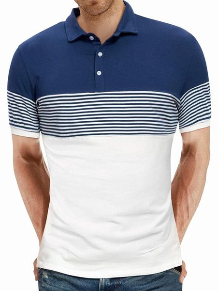 

men striped print colorblock polo neck tee 22x3#, White;black