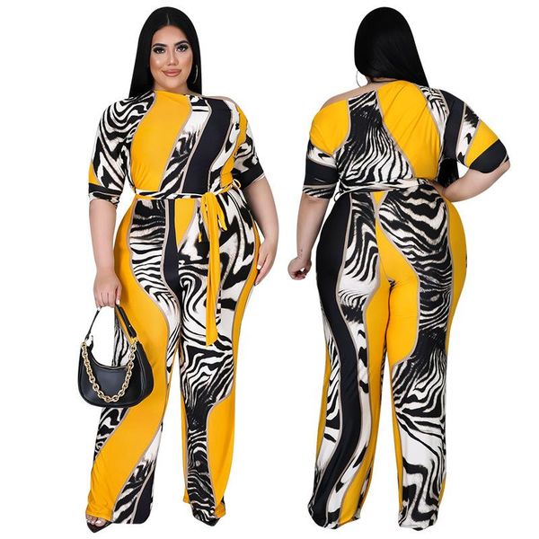 

women's two piece pants large size fashion printed mid-sleeve left off-shoulder jumpsuit plus bodysuit clothes women rompers, White