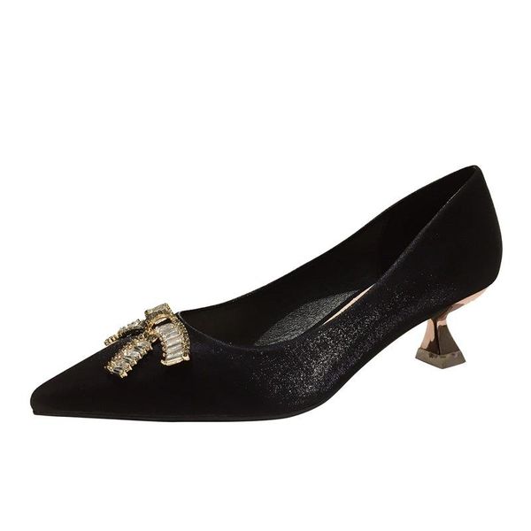 

sandals french high heels women autumn 2021 rhinestone bow pointed shallow mouth shoes, Black