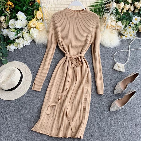 

casual dresses elegant women o-neck long sleeve bodycon bandage strap sashes knitted dress vintage elastic slim high waist pullover midi, Black;gray