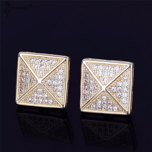 

men's stud earring square charm screw back full zircon women accessories silver color earrings fashion hip hop jewelry, Golden;silver