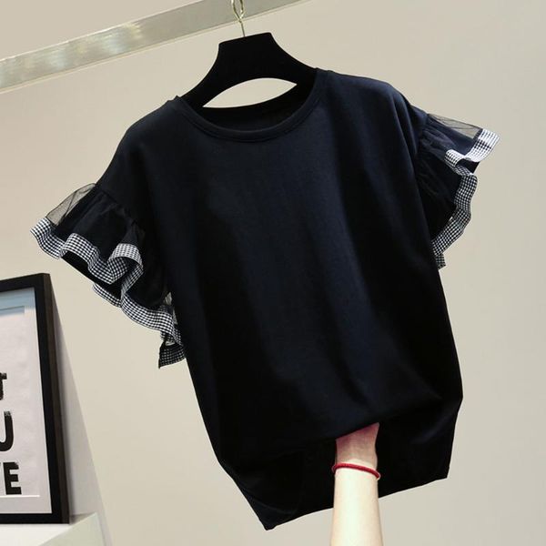 

women's t-shirt women simple short sleeve round neck plaid ladies fashion straight loose mesh stitching ruffled casual tshirt tide, White