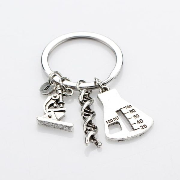 

keychains a-z initial letter keyring microscope dna double helix beaker biological genetics keychain men women fashion jwewlry gift, Silver