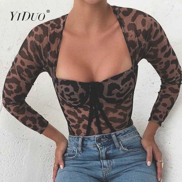 

women's jumpsuits & rompers yiduo leopard print bodysuit push up body jumpsuit women long sleeve bodycon overalls autumn hollow out par, Black;white