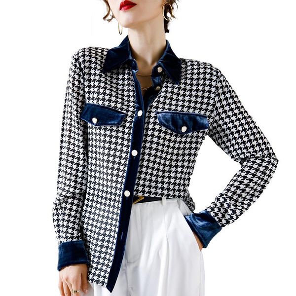 

100% silk women's shirt turn down collar long sleeves printed velvet patchwork fashion spring autumn blouse blouses & shirts, White