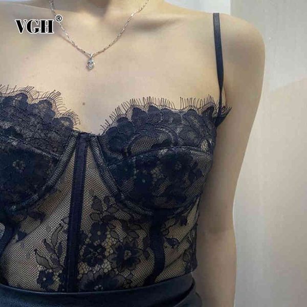 

vgh black patchwork lace short slim vests for women square collar sleeveless camis female tide summer fashion clothing 210421, White