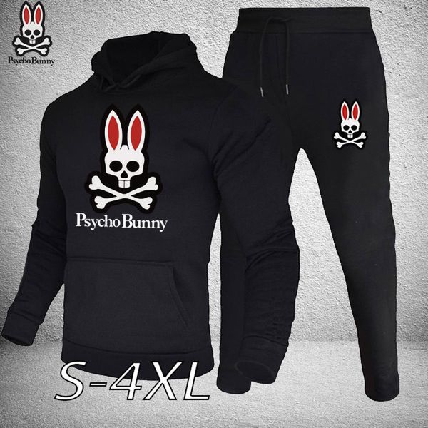 

new autumn and winter men's tracksuit solid color hooded sweater + jogging casual psycho bunny print dign men's clothing, Black;white