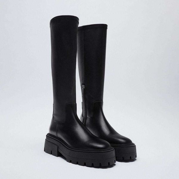 

women's long boots black pu leather grooving sole knee-high fashion boots 210911