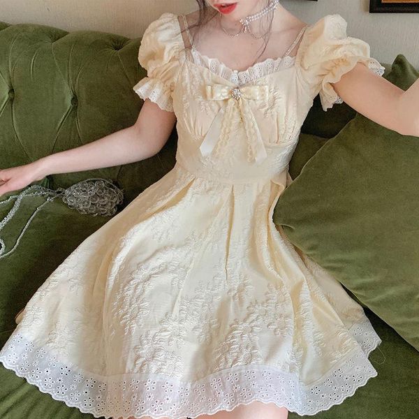 

casual dresses yellow kawaii elegant dress women sweet korean princess lolita female puff sleeve lace up party summer 2021, Black;gray