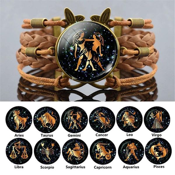 

link, chain 12 constellation cancer leo virgo libra scorpio bracelet multilayer woven leather zodiac jewelry for men women, Black