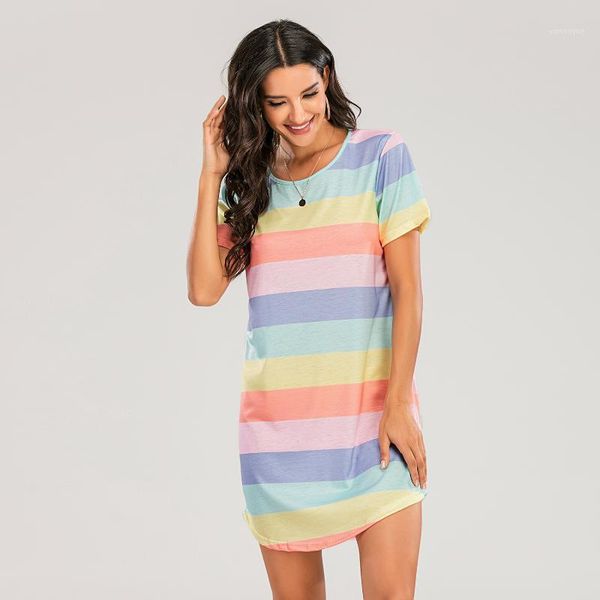 

casual dresses woman's rainbow stripe print nightdress round neck short sleeve loose one-piece pajamas t-shirt pajama dress, Black;gray