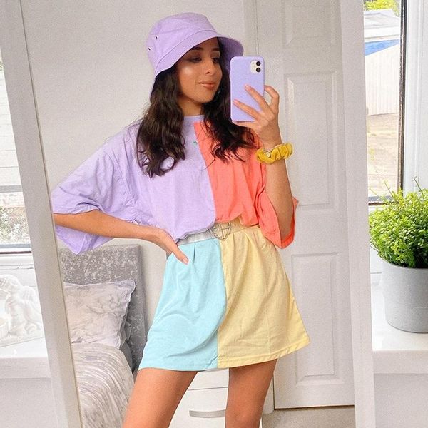 

women's t-shirt patchwork colorful oversized t shirt women chic fashion short sleeve cotton tshirt dress female harajuku summer streetw, White