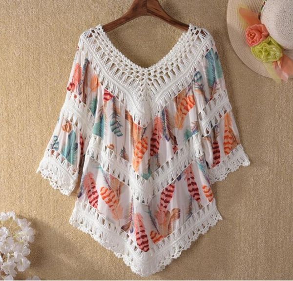 

casual dresses women bikini beach swimsuit cover ups crochet hollow v-neck floral print bohemialouse shirt swimwear bathing suit cover-ups n, Black;gray