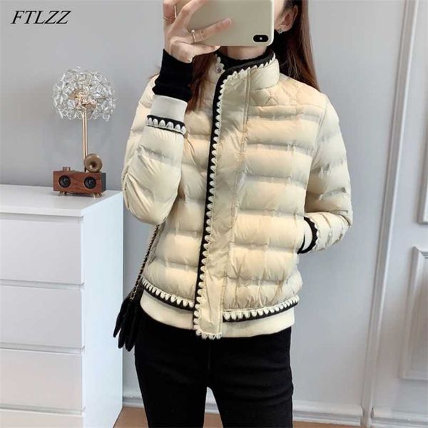

ftlzz winter women 90% white duck down coat stand collar zipper lace solid jacket thick warm snow parka outwear 211018, Black