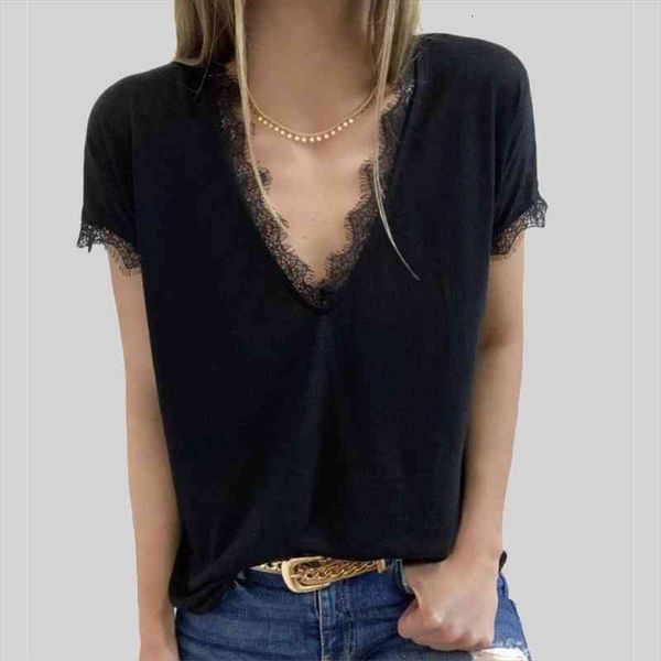 

women blouse fashion solid color short sleeve deep v neck lace shirt women summer blouse, White