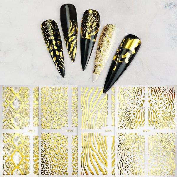

false nails animal texture nail art sticker set self adhesive 3d bronzing snakeskin pattern waterproof stick sttx889, Red;gold
