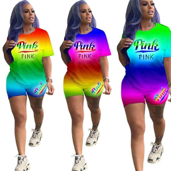 

summer women clothes fashion sportswear rainbow gradient two piece set shirt and shorts sports sets outfits leisure g319sf9, White