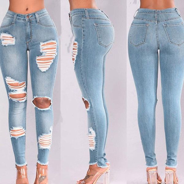 

women's jeans 2021 summer fashion high-waisted buttocks elastic ripped vintage streetwear blue