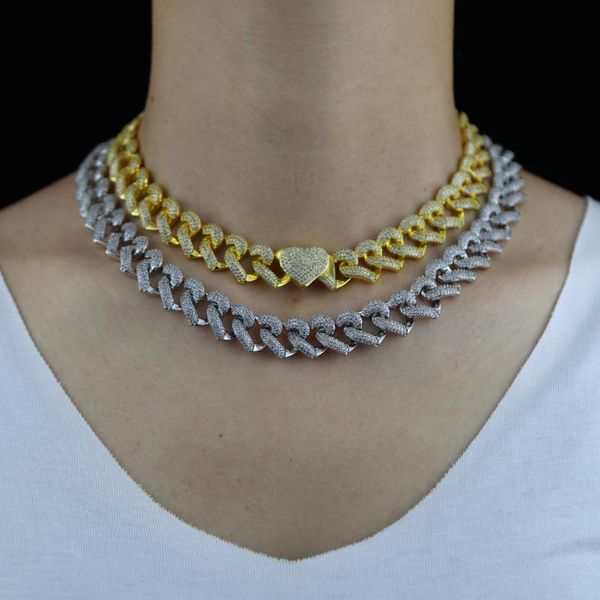 

chains 2021 hip hop iced out bling heart-shaped clasp miami cuban link chain 5a cubic zirconia cz chunky necklace for women, Silver