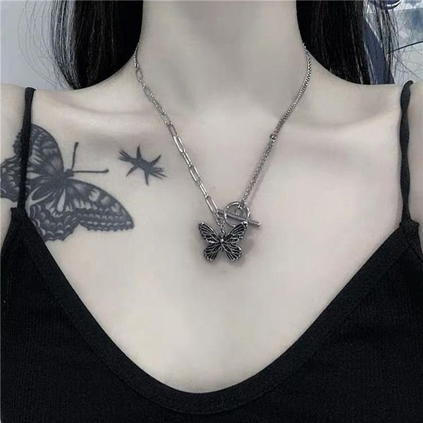 

chains gothic butterfly pendant necklace for women choker aesthetic grunge chain accessories igirl indie collar jewelry friends gift, Silver