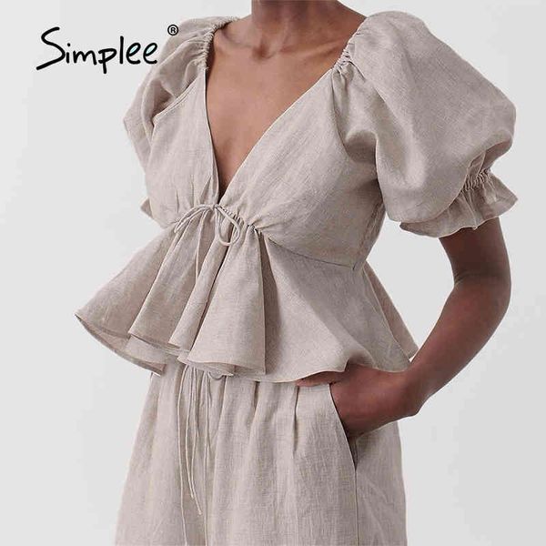 

high street casual puff sleeves women blouse summer elastic bow sash ruffled crop deep v-neck solid lady 210414, White