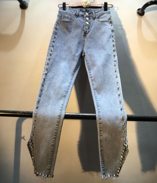 

women's jeans harajuku jaens women's asymmetrical pants, with beads, high waist, slimming, light jeans, blue, summer 31yo