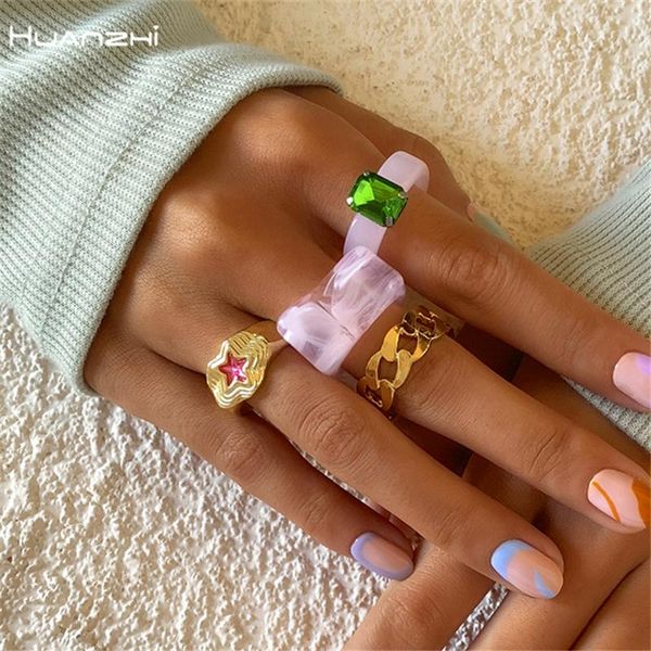 

cluster rings huanzhi 2021 transparent colorful rhinestone resin acrylic sets geometric hit ring for women girls summer party jewelry, Golden;silver