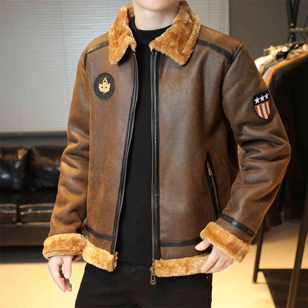 

men's leather & faux korean fashion jacket men streetwear vintage style pu turndown collar autumn winter thick warm fur lined pypa, Black