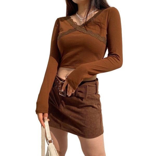 

women's t-shirt female brown crop 2021 vintage lace patchwork v-neck long sleeve base shirt pullover fall bottoming tee, White